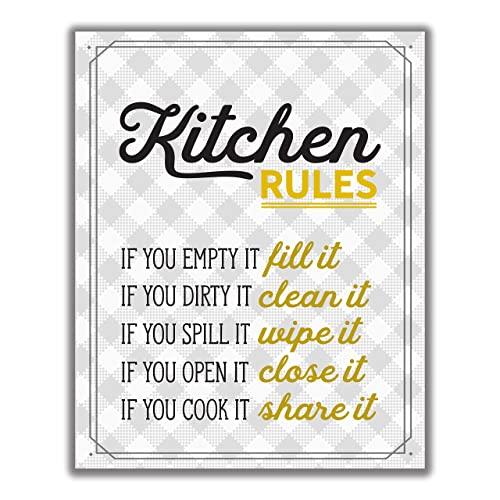 Retro Kitchen Rules Wall Art - Mustard Yellow/Gold, Gray, White - 8x10 UNFRAMED Funny Kitchen Print Perfect for Modern Farmhouse, Rustic, Vintage, Cottage, Country Decor.