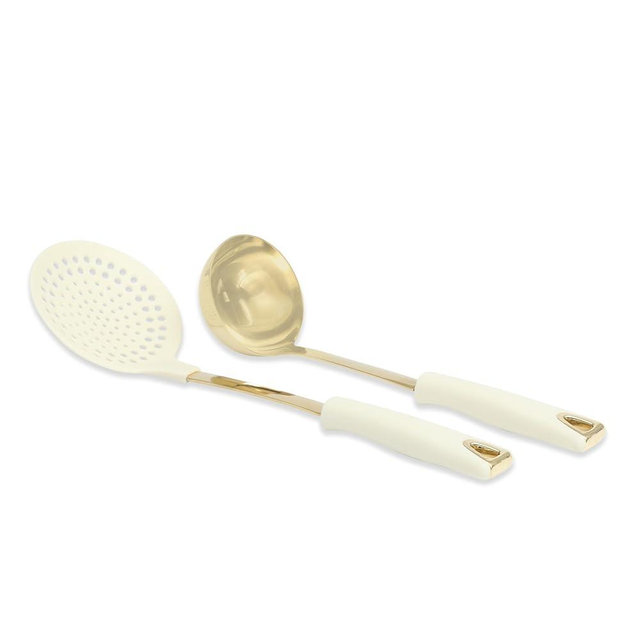 Martha Stewart Lockton 2-Piece Stainless Steel & Nylon Kitchen Skimmer and Ladle Set - Linen w/Gold