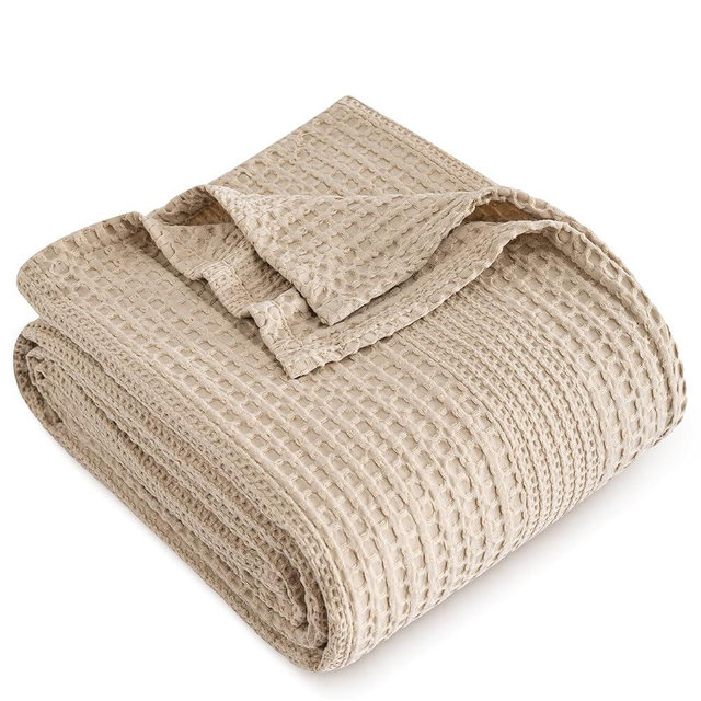 PHF Lightweight Waffle Weave Blanket Queen Size, Breathable & Ultra Soft, 90"x 90" Soft & Cozy Thin Blanket, Perfect for Summer & Hot Sleepers, Bed, Home Decor - Light Tan