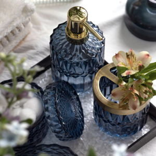 6PCS Bathroom Clear Glass Accessories Set (Lotion Soap Dispenser, Soap Dish, Toothbrush Holder, Tumbler, Cotton Swab Jar), Contemporary Modern Decor Crystal Vintage Gift (6pcs Blue)