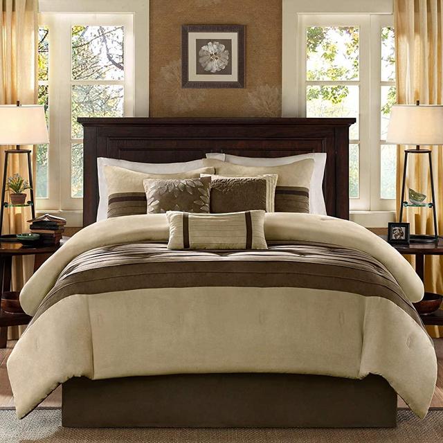 Madison Park Palmer Cozy Comforter Set-Luxury Faux Suede Design All Season Down Alternative Bedding with Matching Shams, Bedskirt, Decorative Pillows, Cal King(104"x92"), Natural, 7 Piece