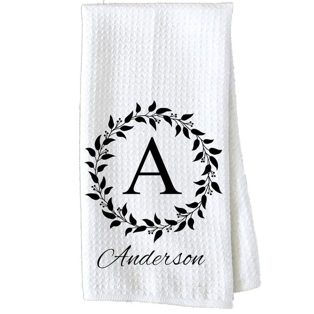 Personalized Kitchen Towel | Custom Tea Towel | Family Name Dish Towel | Kitchen Decor | Hand Towel | Housewarming Gift | Monogram Dishcloth (Wreath 1)