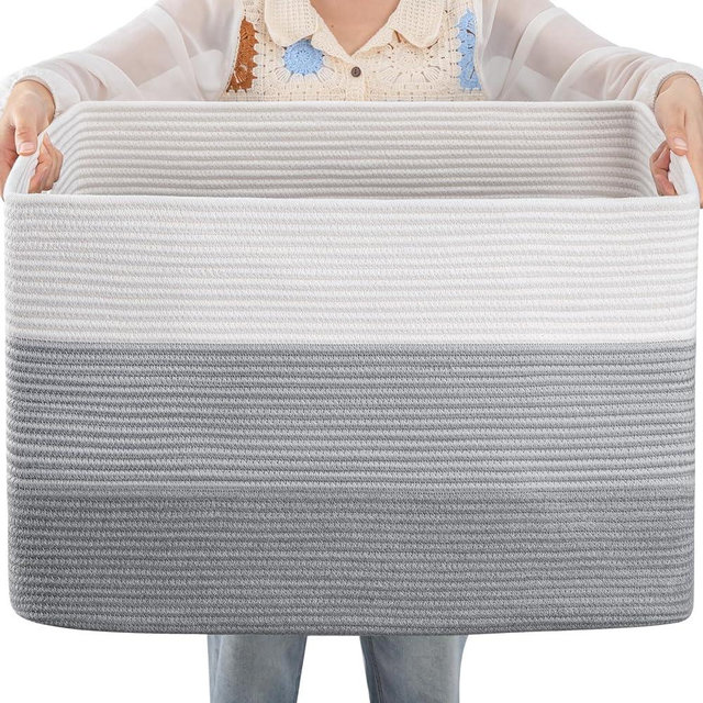 OIAHOMY Large Cotton Rope Basket, Rectangle Woven Baskets for Storage, Nursery Blanket Basket Living Room, Toy Basket With Handle, Baskets for Organizing-24.8”x15.7”x15.7”-Gradient Grey