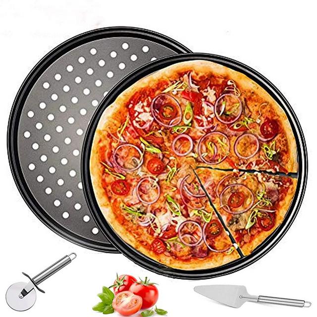 2 Pack Pizza Pan Round Pizza board + Pizza Cutter + Pizza Slicer 12.5" Carbon Steel Pizza Baking Pan Non-Stick Cake Pizza Crisper Server Tray Stand for Home Kitchen Oven Restaurant Pizza Bakeware