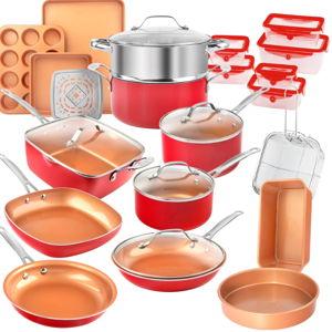 Gotham Steel 32 Pcs Pots and Pans Set Non Stick, Ceramic Pots and Pans Set, Ceramic Cookware Set with Bakeware and Premium Food Storage Set, Non Stick Pot and Pan Set, Red
