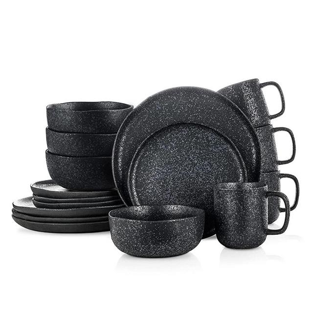 Stone lain Tom Stoneware Reactive Glaze Dinnerware Set, 16-Piece Service for 4, Black-White