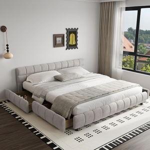 DEINPPA King Modern Bed, Chenille Upholstered Platform Bed with Cloud Soft Headboard, Grounded Upholstered Wood Base Platform Bed with 4 Storage Drawers, Italian Style Modern Beds-Beige