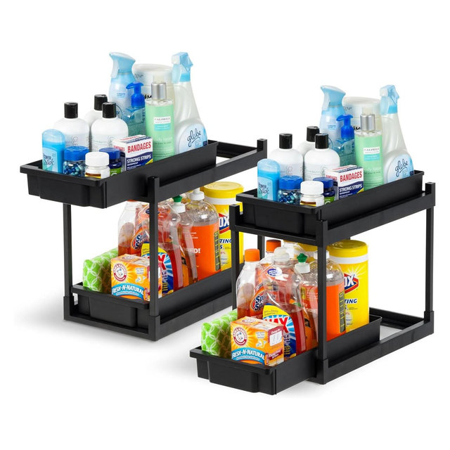 IRIS USA 2-Tier Under Sink Organizer, 2 Pack, Storage with Sliding Drawers - Versatile solution for Office, Kitchen or Bathroom - Black