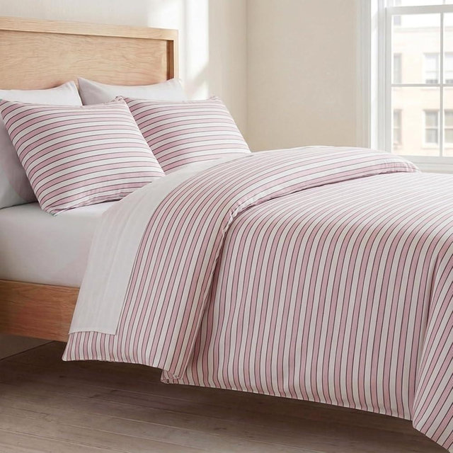 Bedbay Cotton Striped Duvet Cover Set Queen Size, Soft Blush Pink Stripe Bedding Set, 100% Cotton Sateen, Minimal Casual Hotel Style Duvet Cover 3 Piece for All Seasons