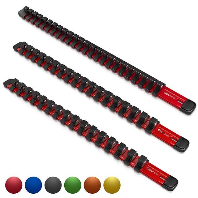 Olsa Tools 3 Pc Set Aluminum Socket Organizer | 1/4-Inch Drive x 24 Clips, 3/8-Inch Drive x 18 Clips, 1/2-Inch Drive x 16 Clips | Premium Quality Socket Holder (RED)