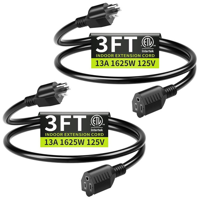 3FT (2Pack) 13A 125V 1625W ETL Listed, 16/3 Indoor Extension Cord Black, Short Extension Cord for Laptops, Coffee Makers, Office Home Appliances, 3 Prong Small Resistant Cable Flexible