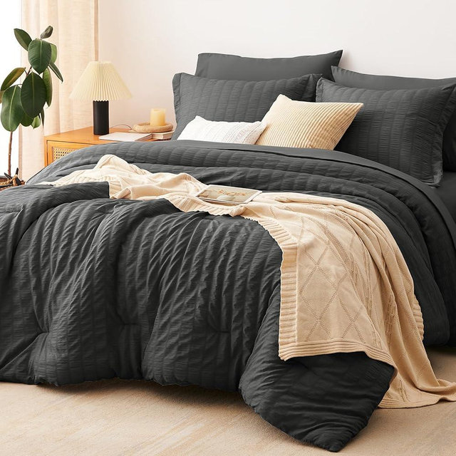 CozyLux Oversized Queen Comforter Set Dark Grey Seersucker 7 Pieces 98x98 Bed in a Bag Comforter Set with Sheets, Luxury Bedding Sets Down Alternative Comforter, Sheets, Pillowcases & Shams, Dark Gray