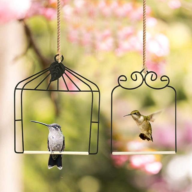 Hummingbird Swing Set Bird Swing Metal Frame for Finch, Cardinal, Sparrow Swing with Wooden Dowel Outdoor Bird Perch Rust Resistant 2 Pack (Black)