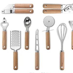 9 Pieces Kitchen Gadget Set with Wooden Handle, Stainless Steel Kitchen Tools Bottle/Can Opener, IceCream Scoop, Pizza Cutter, Peeler, Garlic Press, Cheese Knife/Grater, Whisk.