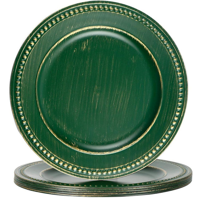 Kazozobi Vintage Charger Plates Set of 6, Beaded Charger & Service Plate, Plastic Charger Plate Set Bulk Wedding Easter, Event, Holiday, Elegant Table Setting Centerpieces, Hunter Green