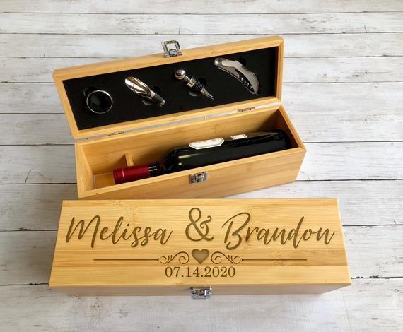 Wooden Wine Box, Wine Box, Wedding Wine Box, Wedding Gift for Couple, Engraved Wine Opener, Personalized Wine Box Gift Set, Wine Opener