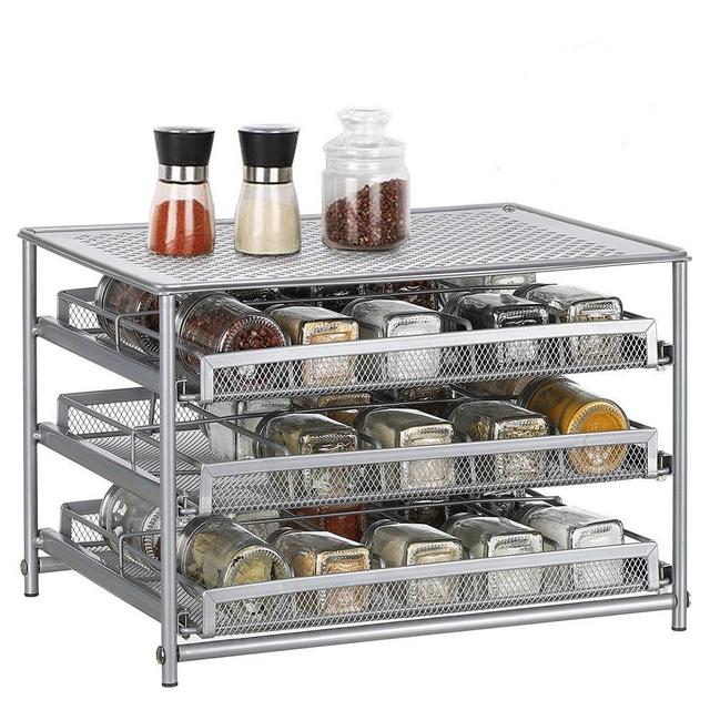 Spice Rack Organizer for Cabinet, 3-Tier 30 Bottle Spice Drawer Storage Organizer for Kitchen Pantry Countertop, Metal, Silver