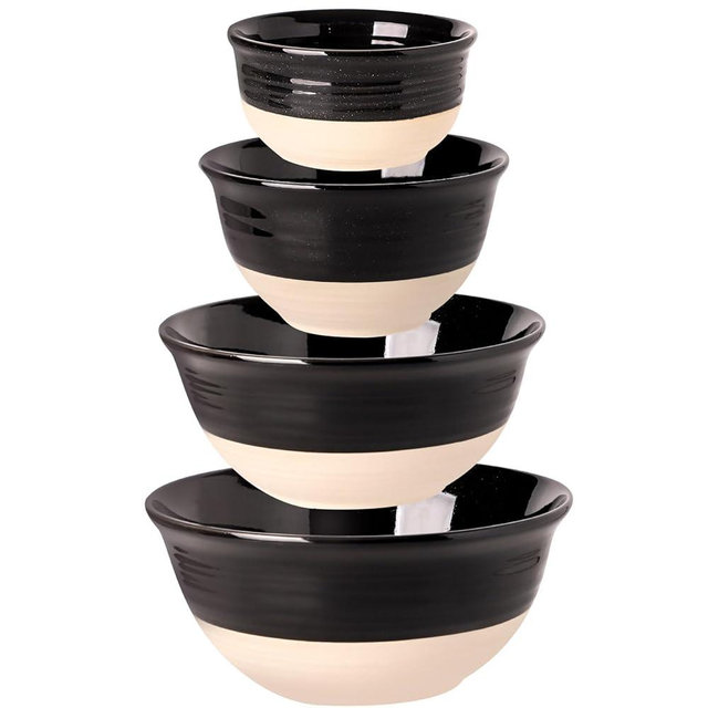 Hasense Large Ceramic Mixing Bowls, 2.1/1.5/1.0/0.5 Qt Serving Bowls for Kitchen, Nesting Salad Bowls Set for Mixing, Cooking, Baking, Fruit, Side Dishes, Holiday Serving Dishes, Set of 4, Black