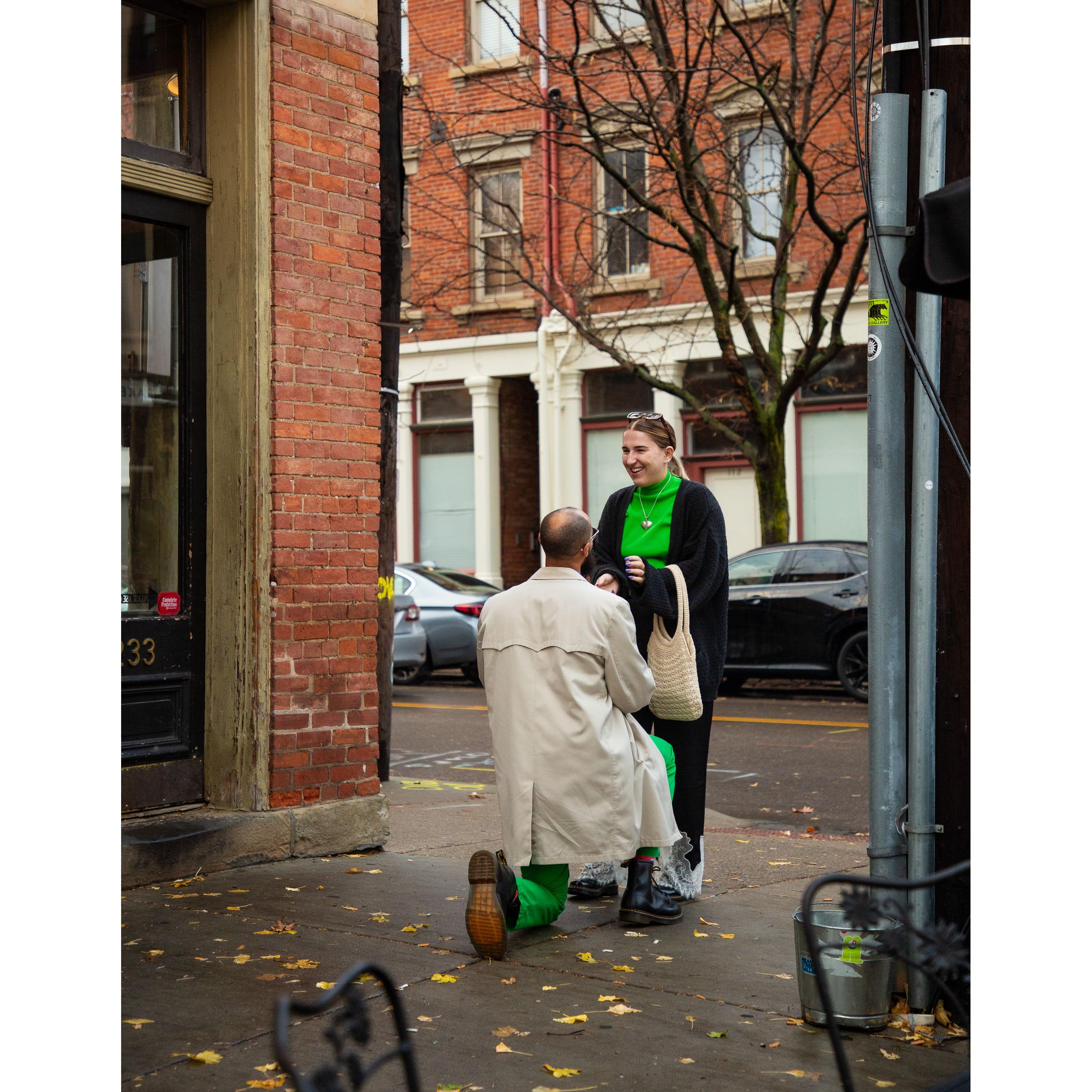 In August of 2023 we decided to finally make it official. We spent a few months designing the ring together, and Aaron proposed in November outside of our favorite bar, Longfellow.