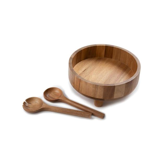 Thirstystone Footed Wood Bowl with Salad Servers, Set of 3