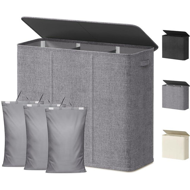 Lifewit Triple Laundry Hamper with Lid and Removable Laundry Bags, Large Collapsible 3 Dividers Dirty Clothes Basket with Handles for Bedroom, Laundry Room, Closet, Bathroom, College, 180L Light Gray