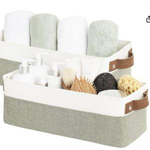 StorageWorks Narrow Storage Bins, Small Basket for Closet and Shelves, Fabric Organizer with Handles, Toilet Paper Storage, Green and White, 2-Pack