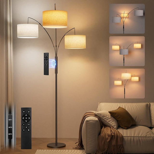 SIBRILLE 36W LED Arc Floor Lamp with 3 Fabric Shades, 3000LM Super Bright Standing Lamp with Remote Control & Touch, Stepless Dimming, Individual Light Control for Living Room, Bedroom