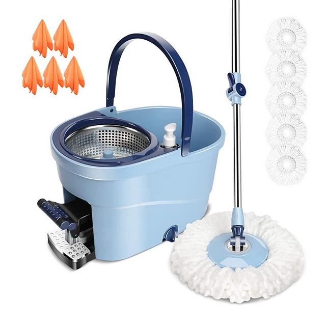 ZNM Spin Mop and Bucket with Wringer Set by Foot Pedal, 360 Spin Mop System with 5 Microfiber Replacement Mop Pads Refills & 5 Cleaning Cloths for Hardwood Laminate Floor Cleaning