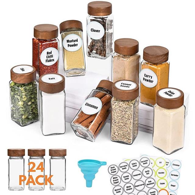 Yangbaga 24Pcs Glass Spice Jars with Labels，4oz Empty Square Spice Bottles with acacia wood lid & Shaker Lids ，Pen and Silicone Collapsible Funnel Included
