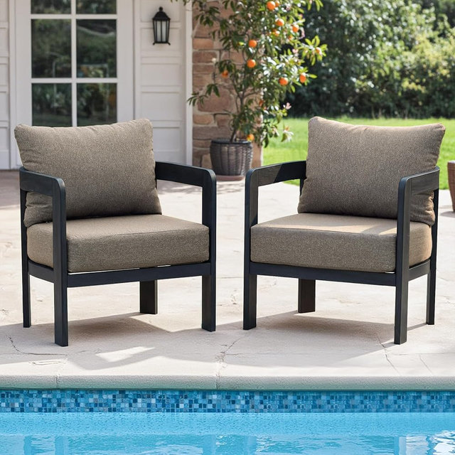 COMLAX FIELD Outdoor Furniture Set, 2Pcs Patio Armchairs, Metal Modern Outside Furniture with 6'' Thick Cushions, Outdoor Conversation Set Balcony Chairs for Backyard, Porch,Deck, Black&Coffee
