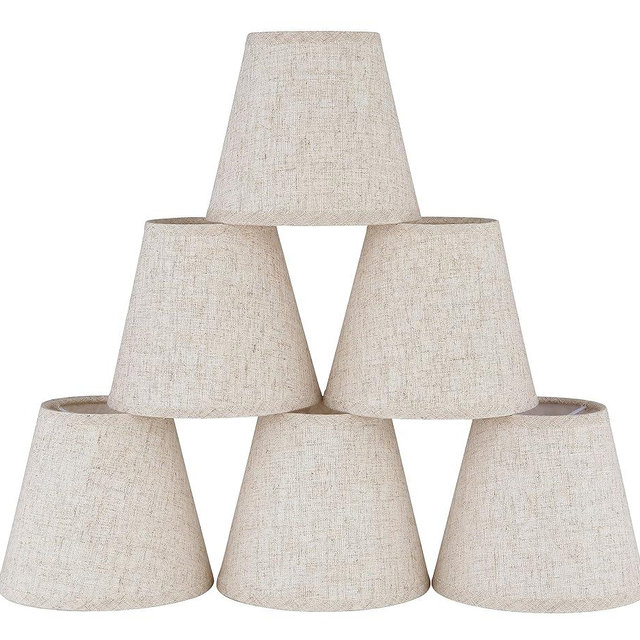 Ruiever 6pack Small Lampshades Clip On Bulb Fabric Lamp shade Bottom 5.9''x Top 3.54''xH 5.12'' for Chandeliers Wall Ceiling Table and Floor Lamps Beige Linen Color Eyes Protected Appearance