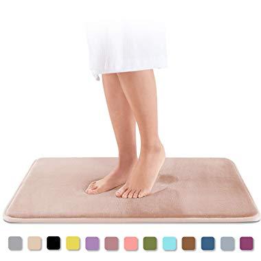 Genteele Memory Foam Bath Mat Non Slip Absorbent Super Cozy Velvet Bathroom Rug Carpet (17 inches X 24 inches, Beige)
