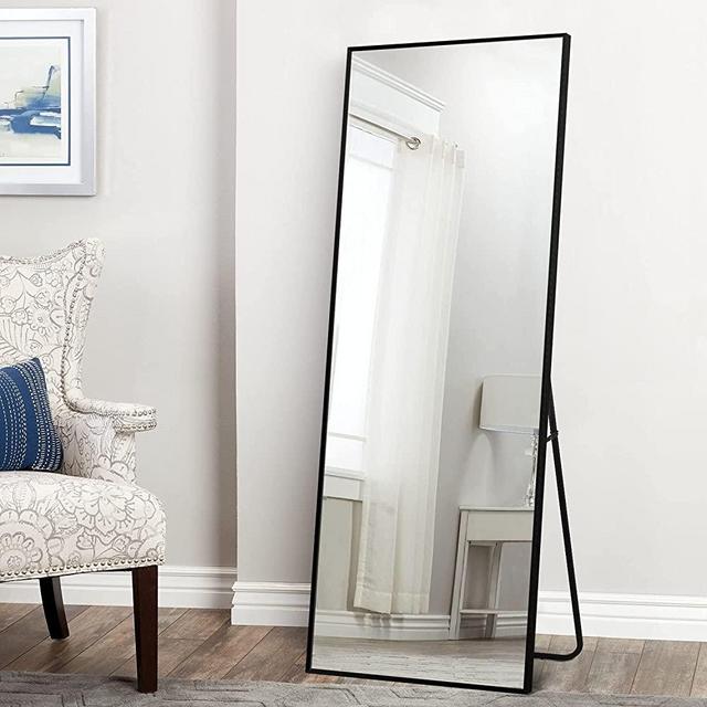 MIRUO Full Length Mirror, 55" x 20" Aluminum Alloy Frame Floor Mirror with Stand, Large Bedroom Mirror, Free Standing or Wall Mounted or Leaning Against Wall, Black