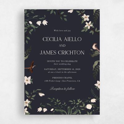 Black Floral Wedding Invitation - Oiseau Portrait