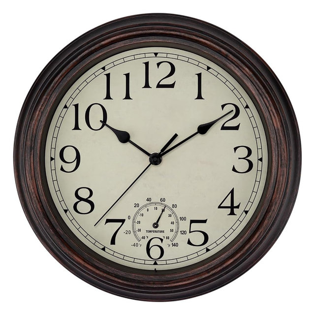 Foxtop Indoor Outdoor Waterproof Wall Clock with Thermometer, 12 Inch Retro Silent Non-Ticking Battery Operated Quartz Round Outdoor Clocks for Patio Pool Bathroom Porch (Bronze)