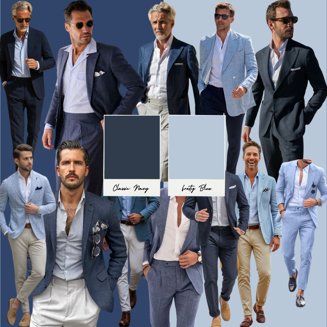 Cool, crisp, and timeless. These navy and blue shades strike the perfect balance between classic suiting and relaxed charm. Think Amalfi evening breeze in suit form.