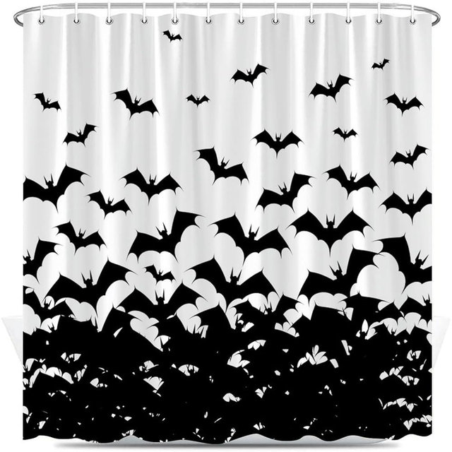 BOYIAN Halloween Spooky Bats Shower Curtain Black White Horror Scary Dark Animals Autumn Bathroom Decor Curtains Set with Hooks 70X70 Inch