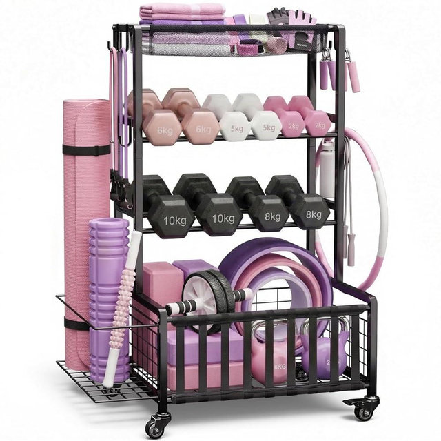 Dumbbell Rack, Adjustable Weight Rack for Home Gym, Heavy-Duty Workout Storage Organizer for Dumbbells Kettlebells Yoga Mat and Balls, Exercise Equipment Holder with Wheels & Hooks