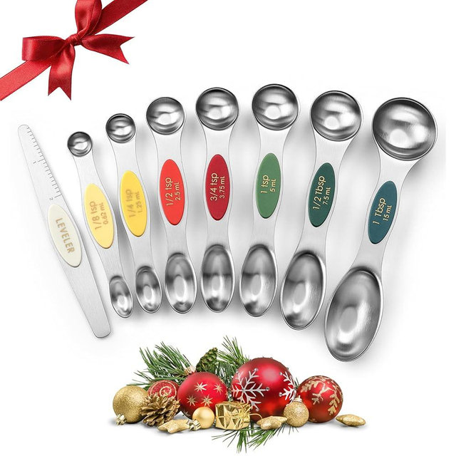 Spring Chef Stainless Steel Magnetic Measuring Spoons Set of 8 with Leveler, Metal Teaspoon & Tablespoon Measure Spoons Set for Baking & Cooking, Stackable & Double Sided Kitchen Gadgets - Very Merry