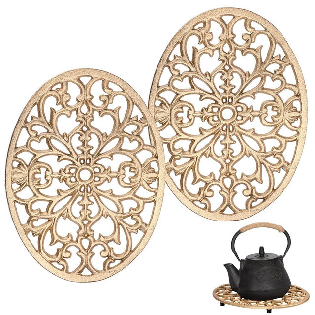 Hoowen 2 Pack Cast Iron Trivets, Gold Oval Trivet 9.6"x7.3", Heat Resistant Metal Trivets for Hot Dishes Pots Pans Plates Teapot, Heavy Duty Cast Iron Pot Holder for Kitchen Countertops Dining Table