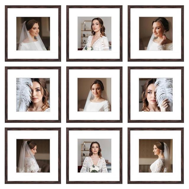 BSRHOME 12x12 Picture Frame Set of 9, Display Pictures 8x8 with Mat or 12x12 without Mat, Multi Collage Gallery Square Photo Frames for Wall or Tabletop, Brown