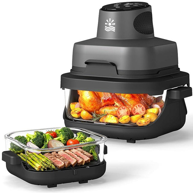Rellytech Compact Glass Air Fryer, 1500W Airfryer with Dual Glass Bowls (4.2QT & 6CUP), 4 Cooking Modes, Digital Display, Dishwasher Safe, for Dorm, RV & Small Spaces, Mother’s Day Gift
