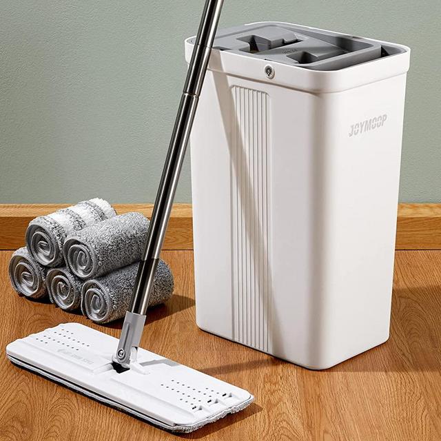 JOYMOOP Mop and Bucket with Wringer Set, Flat Floor Mop and Bucket, Mop for Floor Cleaning and Wall Cleaner with 5 Microfiber Pads, Household Cleaning Tools for Wet and Dry