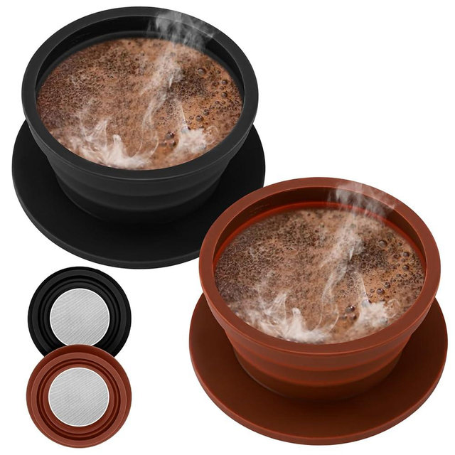 VVGCS 2-Packs Travel Collapsible Paperless Pour Over Coffee Dripper Kit with Stainless Steel Filter, Travel Pour Over Coffee Maker Camping, Silicone Coffee Strainer Pour Over Single Cup (Brown+Black)