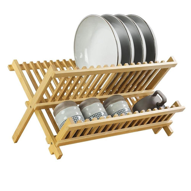 KKTONER Bamboo Dish Drying Rack 2 Tier Foldable Plate Organizer Collapsible Plate Organizer Holder for Kitchen Countertop (Natural)