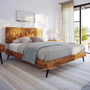 Georgina Solid Wood Platform Bed Frame with Headboard, Mid Century Geometric Pattern - Teak Brown, Queen