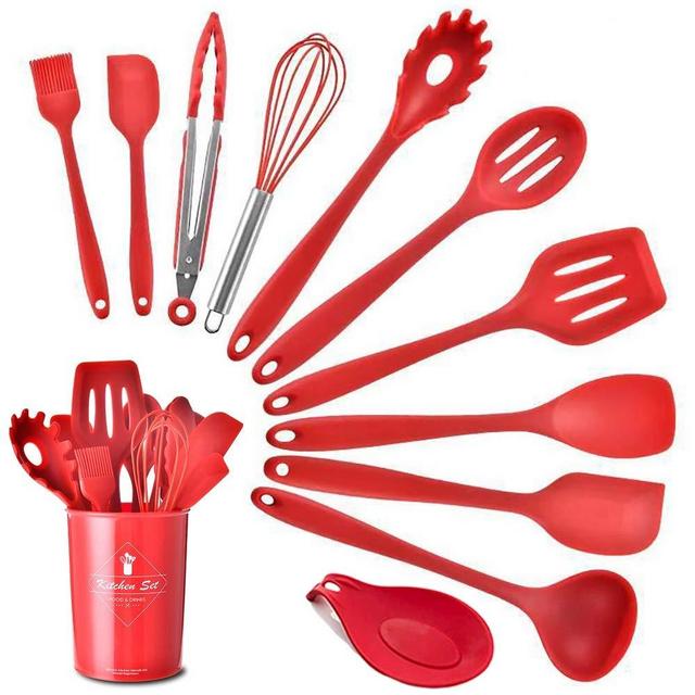 Silicone Kitchen Utensil Set, Heat-Resistant Non-Stick Silicone Cooking Tools (red holder)