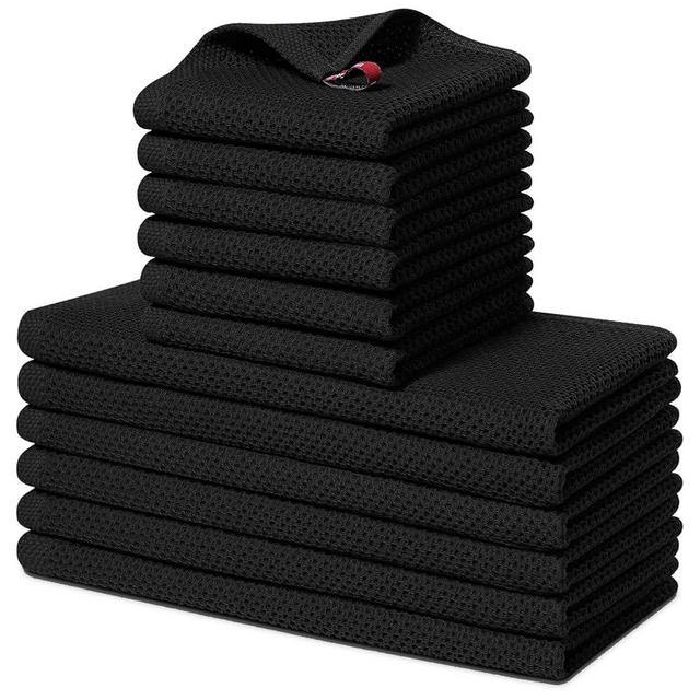 Homaxy 100% Cotton Kitchen Towels and Dishcloths Set, 12 x 12 Inches and 13 x 28 Inches, Set of 12 Bulk Kitchen Towels Set, Ultra Soft Absorbent Dish Towels for Washing Dishes, Black