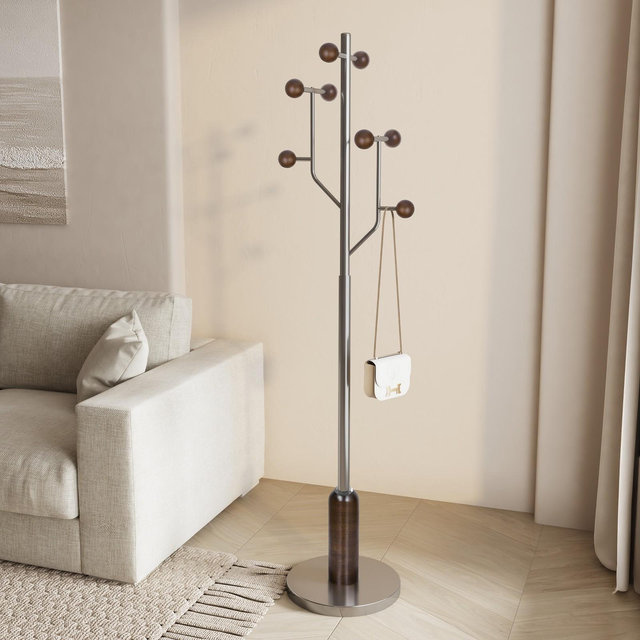 Bekrvio Freestanding Coat Rack with 8 Hooks, Tree Branch Design – Steel and wood Clothes Hanger Stand w/ Disc Base, Holds 120kg for Entryway,Bedroom
