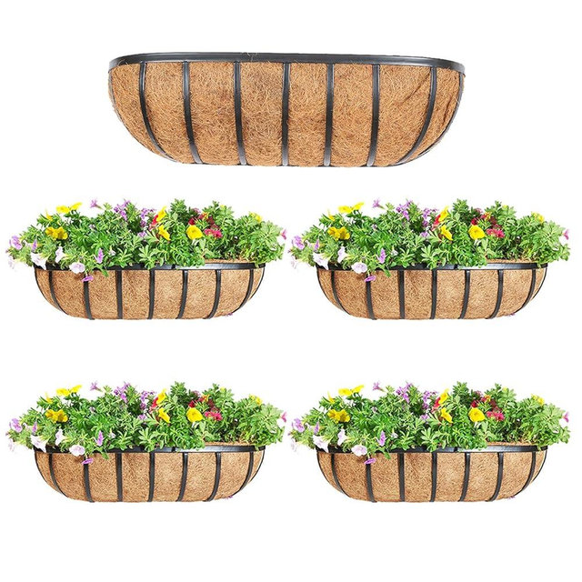 KIDYBELL 24“ Window Box Railing Planter with Coco Liner Metal Wall-Mounted Coconut Liner Planter Basket English Horse Trough Planter for Outdoor Deck Balcony Porch Fence Patio Black (4 Pack)